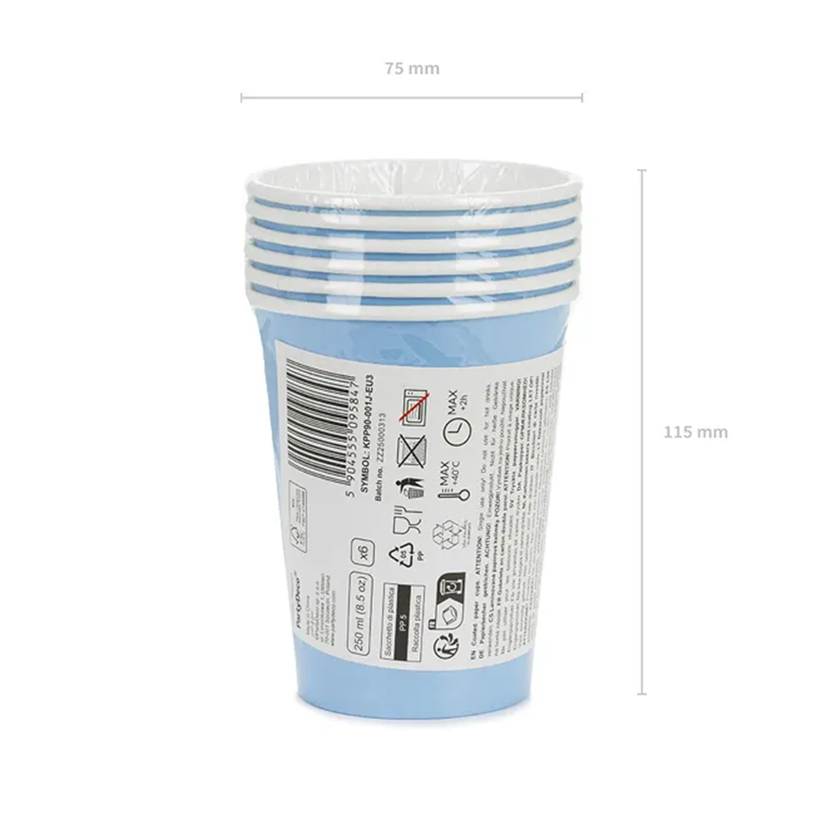 6 gobelets en carton - Bleu clair - 250 ml