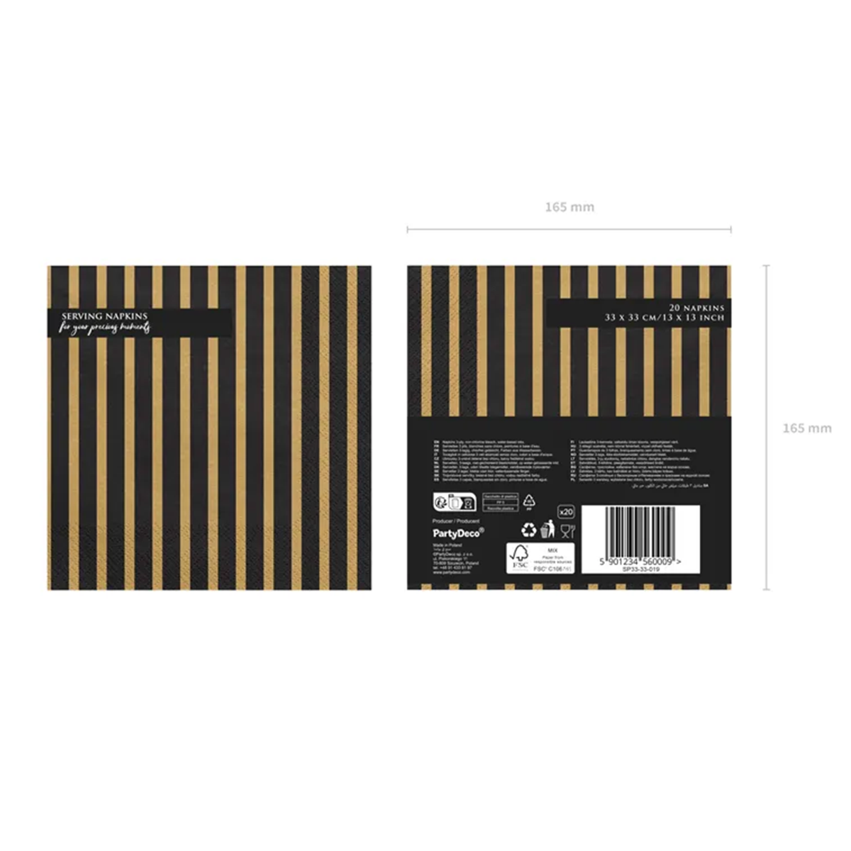 20 servetten - Gestreept - zwart & goud - Ø 33 cm