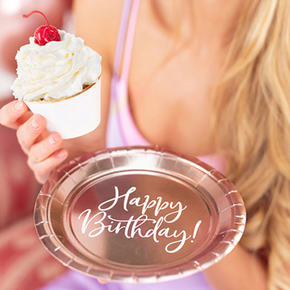 6 Papieren bordjes Trend - Ø 18cm - Happy Birthday RoseGold