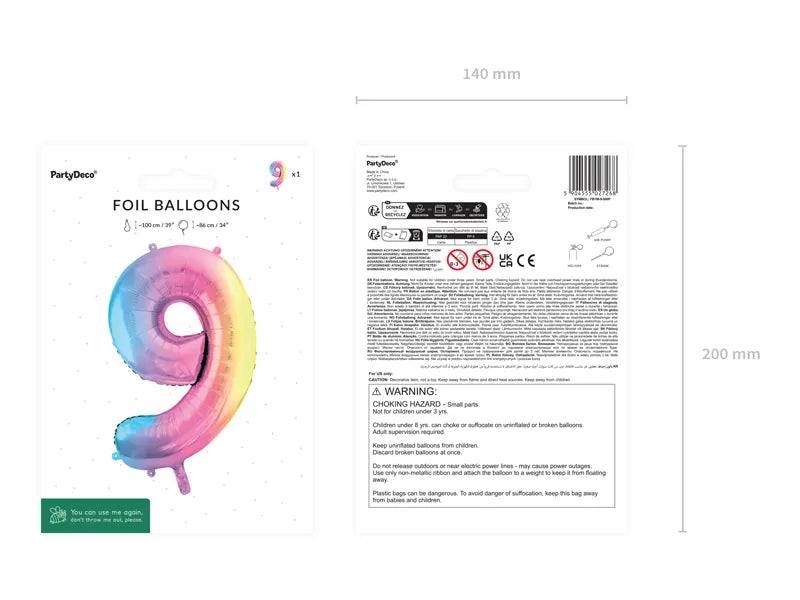 1 Ballon XXL - Cijfer 9 - Pastel Regenboog