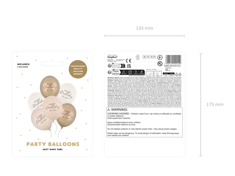 6 folieballonnen - Ø 30 cm - Happy Birthday - Beige Mix