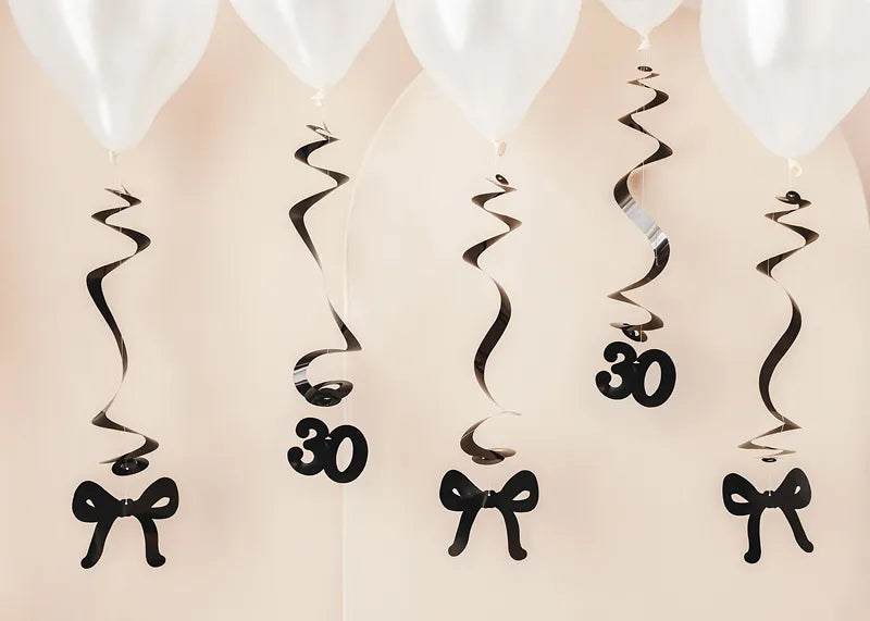 5 Tourbillons d'anniversaire 50 cm avec rubans - 30e anniversaire - Noir