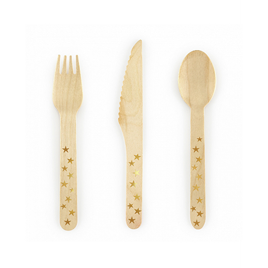 Couverts en bois - Lot de 18 - Étoiles or