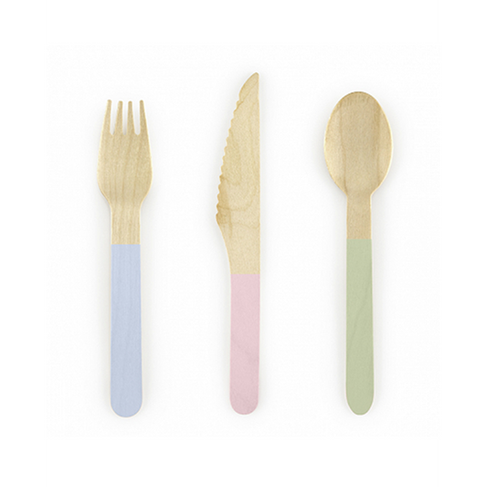 Couverts en bois - Lot de 18 pièces - Couleurs assorties