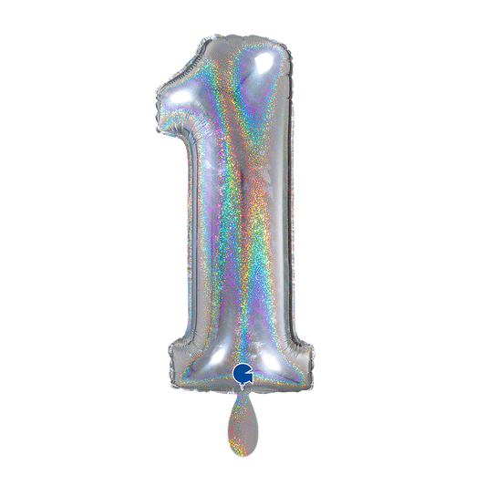 1 Ballon XL - Chiffre 1 - Argent Holo Pailleté