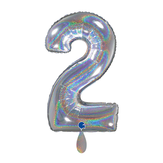 1 Ballon XL - Cijfer 2 - Glitter Holografisch Zilver