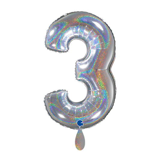1 ballon XL - Chiffre 3 - Argent holographique pailleté