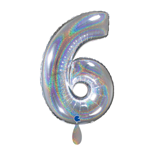 1 Ballon XL - Chiffre 6 - Holographique Pailleté Argenté
