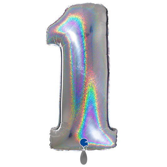 1 Ballon XXL - Chiffre 1 - Paillettes Argent Holographique