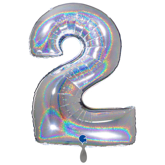 1 ballon XXL - Chiffre 2 - Holographique Argent Pailleté