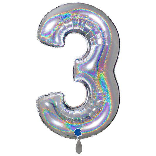 1 Ballon XXL - Chiffre 3 - Argent Pailleté Holographique