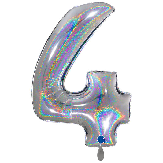 1 Ballon XXL - Chiffre 4 - Holographique Pailleté Argent