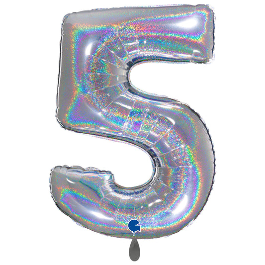 1 Ballon XXL - Chiffre 5 - Paillettes holographiques argentées
