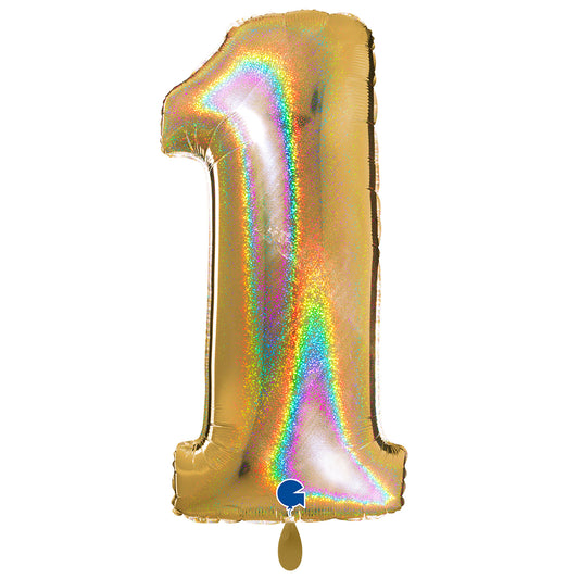1 Ballon XXL - Chiffre 1 - Paillettes Or Holographique