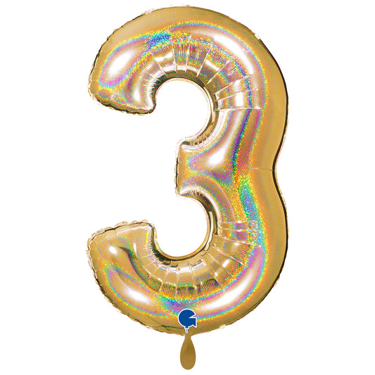 1 Ballon XXL - Chiffre 3 - Or Holographique Pailleté