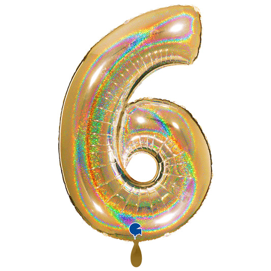 1 Ballon XXL - Chiffre 6 - Or holographique pailleté
