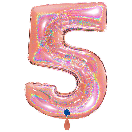 1 Ballon XXL - Chiffre 5 - Holographique Pailleté Or Rose