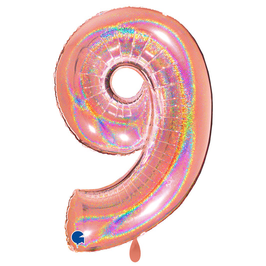1 Ballon XXL - Chiffre 9 - Rose Gold Pailleté Holographique