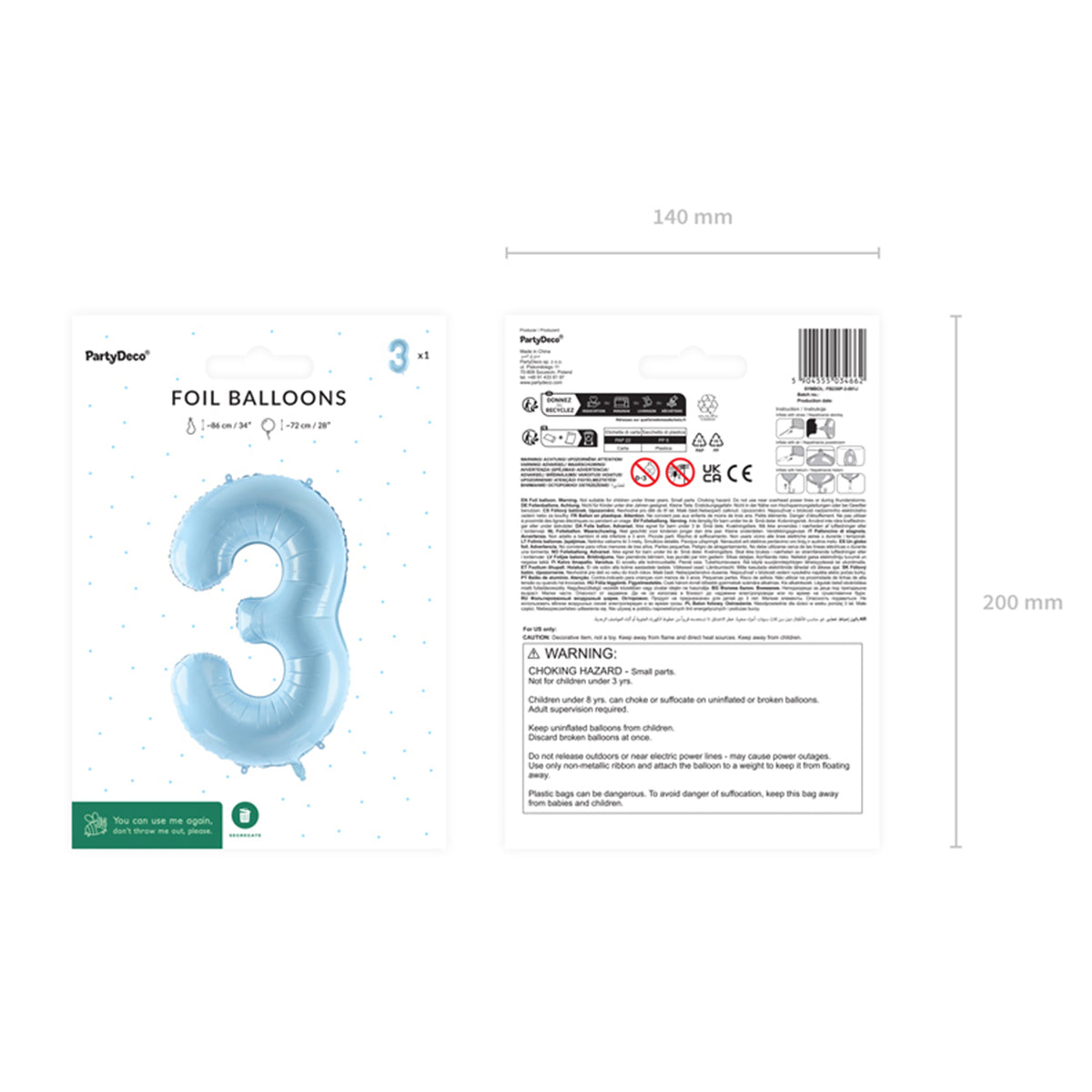 1 Ballon XL - Chiffre 3 - Bleu clair