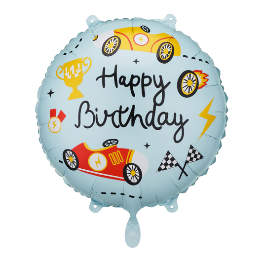 1 Ballon - Happy Birthday - Lichtblauw Racemotieven