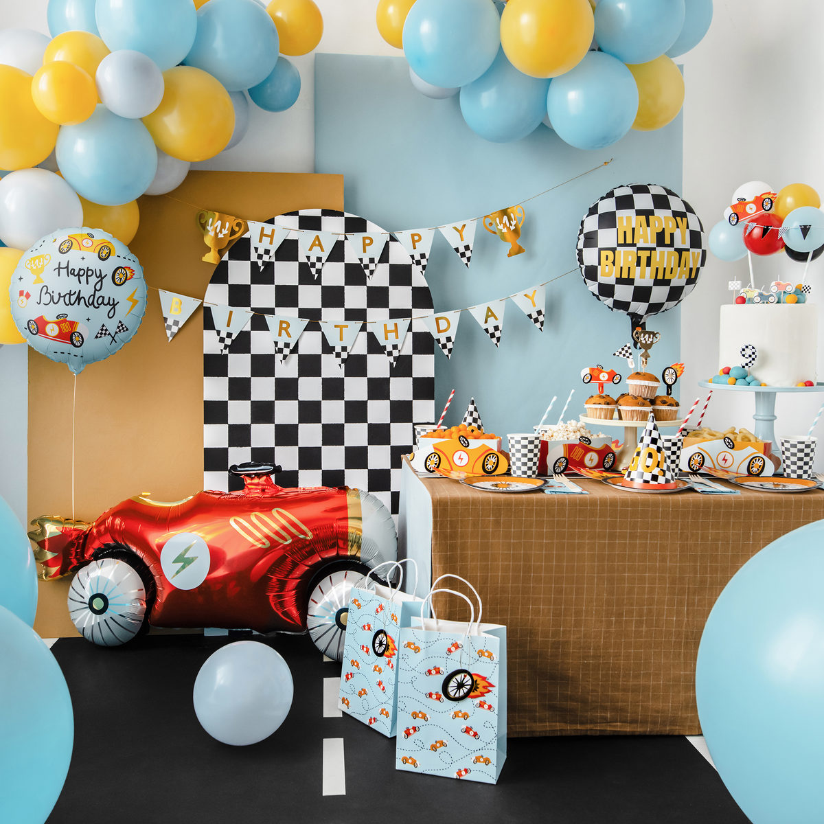 1 ballon - Joyeux Anniversaire - Bleu clair motifs de course