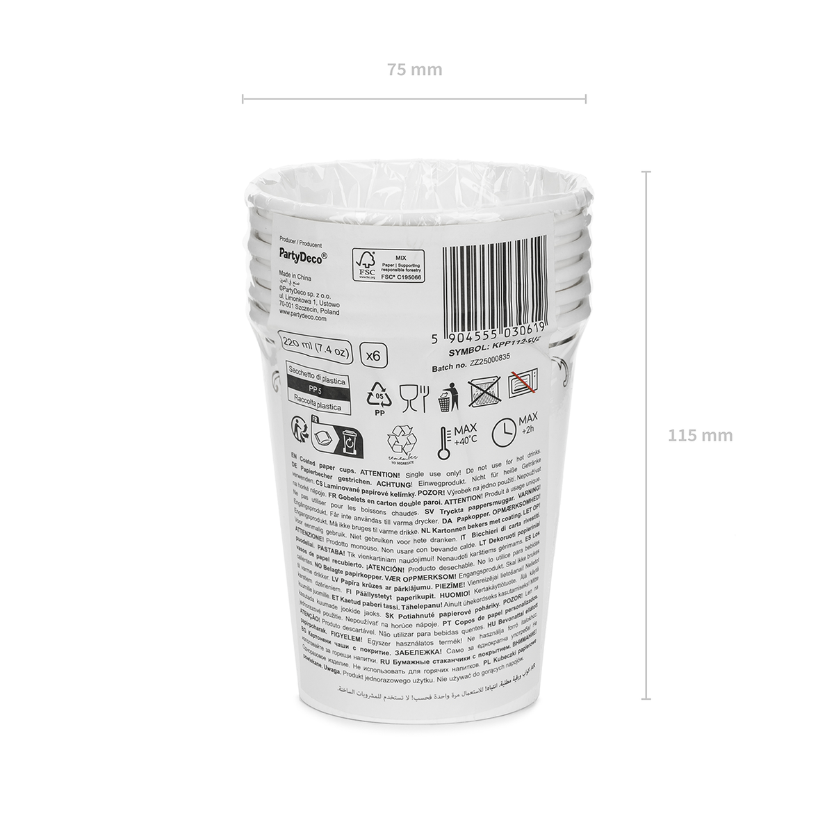 6 kartonnen bekers - Ornament Wit - 220ml