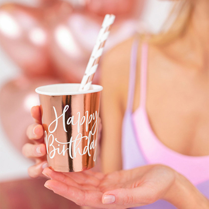6 kartonnen bekers Trend - 260ml - Happy Birthday RoseGold