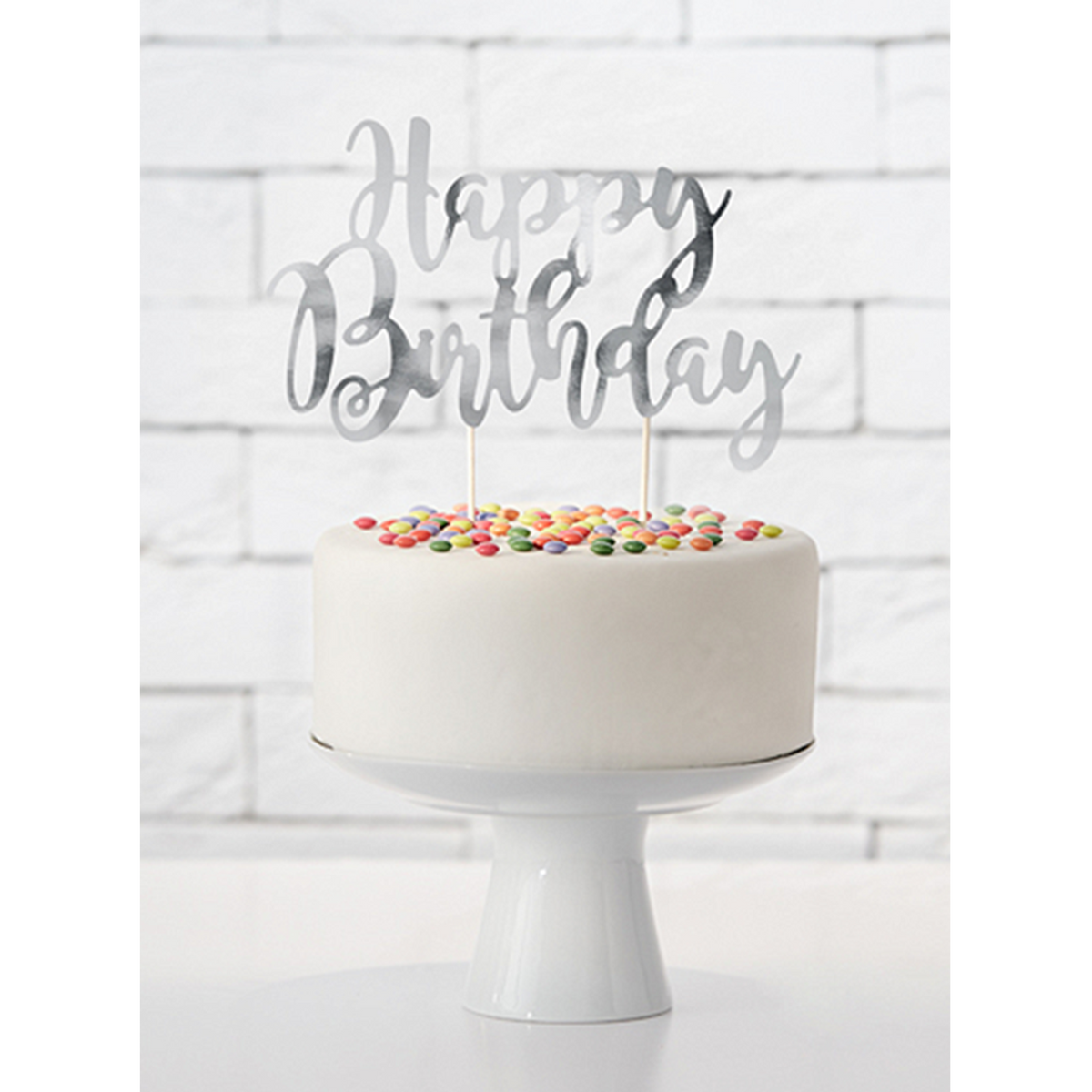 1 Cake Topper - Happy Birthday - Argent