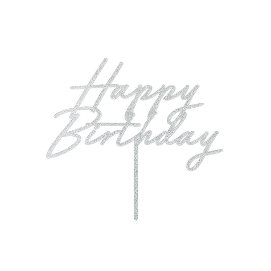 1 taarttopper - Happy Birthday - zilver glitter