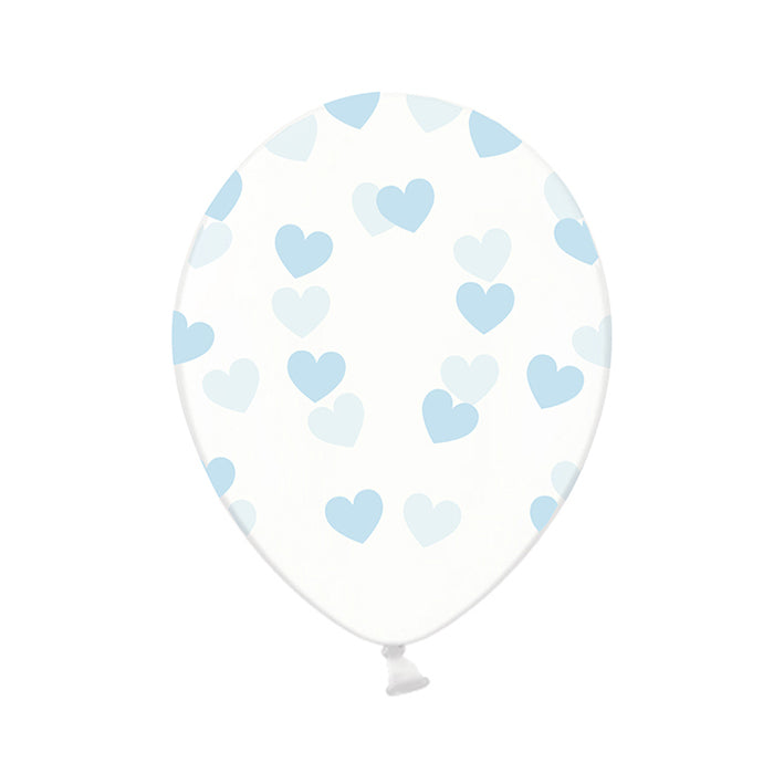 6 ballons à motifs transparents - Ø 30cm - Cœurs - Bleu clair