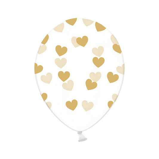 6 ballons à motifs transparents - Ø 30 cm - Cœurs - Or