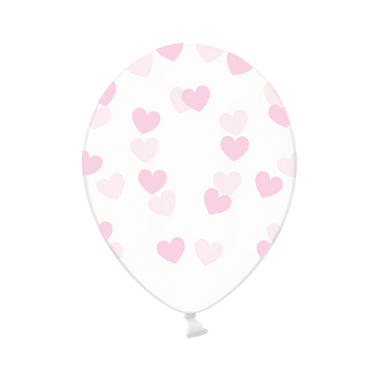 6 Ballons thématiques transparents - Ø 30cm - Cœurs - Rose