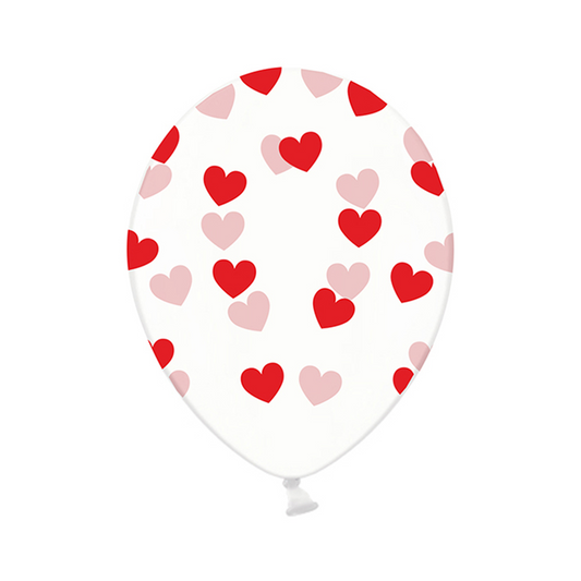 6 Ballons à motifs transparents - Ø 30cm - Cœurs - Rouge