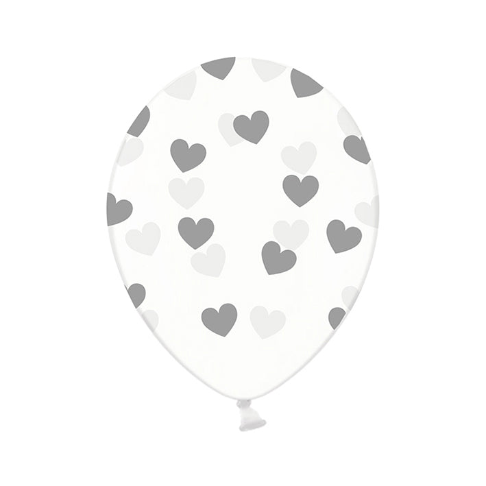 6 ballons imprimés transparents – Ø 30 cm – Cœurs – Argent