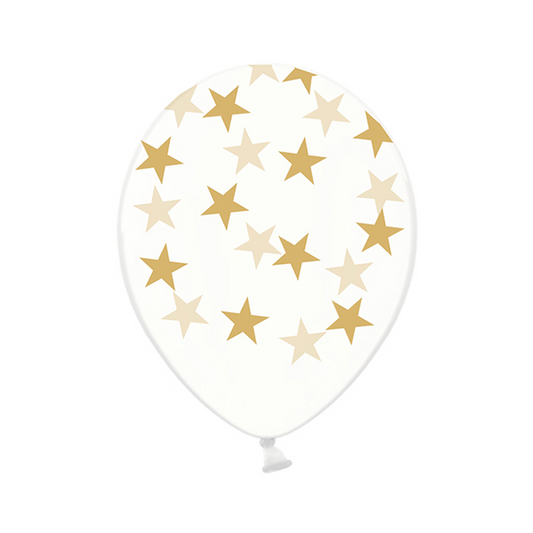 6 Motivballonnen Transparant - Ø 30cm - Sterren - Goud
