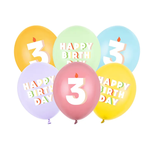 6 ballons à motifs - Ø 30 cm - Joyeux Anniversaire 3 - Mix