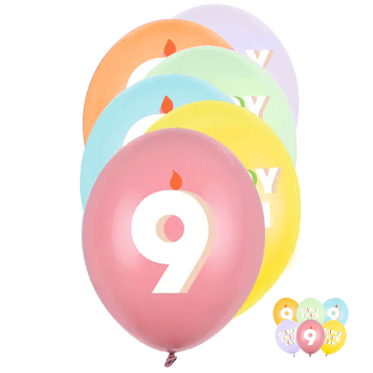 6 ballons à motifs - Ø 30 cm - Joyeux Anniversaire 9 - Mix