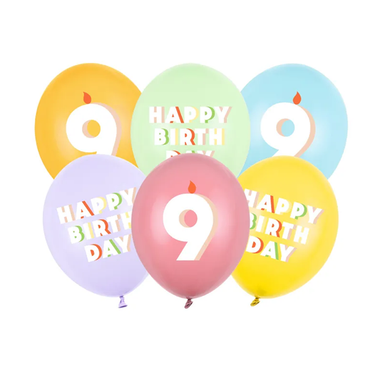 6 ballons à motifs - Ø 30 cm - Joyeux Anniversaire 9 - Mix