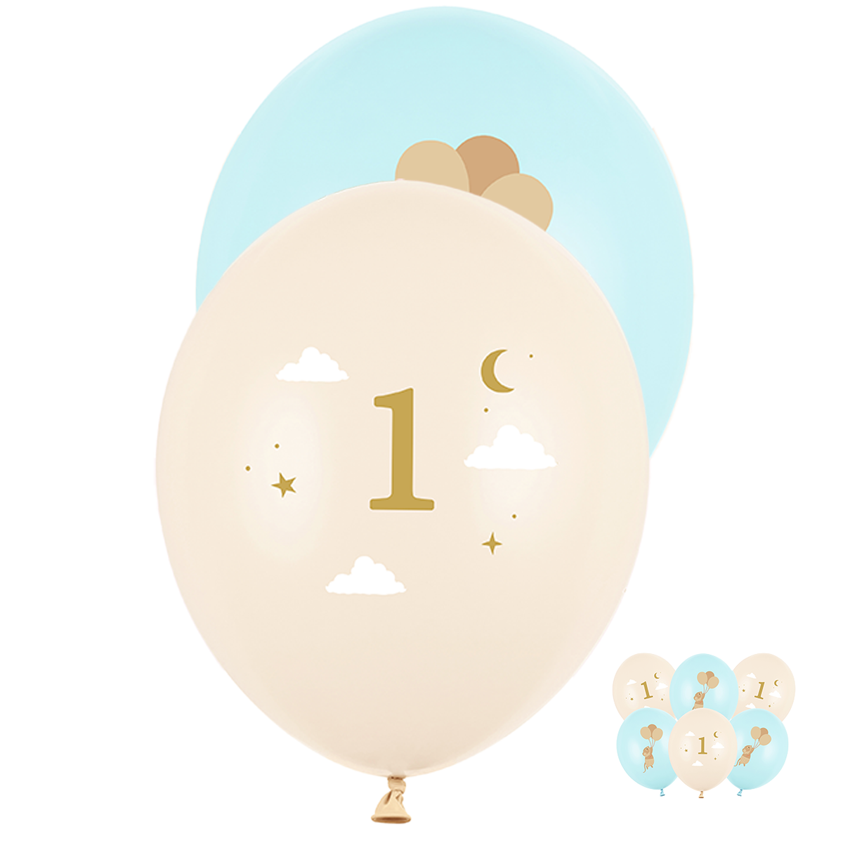 6 Motiefballonnen - Muizen met nummer 1 - Lichtblauw - 30cm