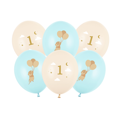 6 Motiefballonnen - Muizen met nummer 1 - Lichtblauw - 30cm