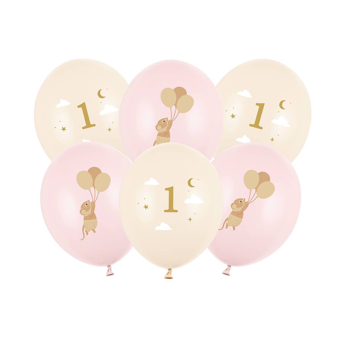 6 motiefballonnen - muizen met cijfer 1 - zachtroze - 30cm