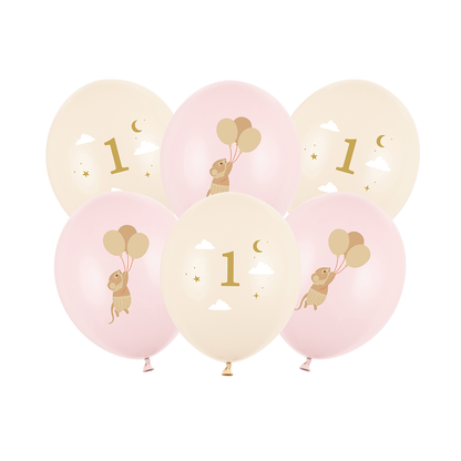 6 motiefballonnen - muizen met cijfer 1 - zachtroze - 30cm