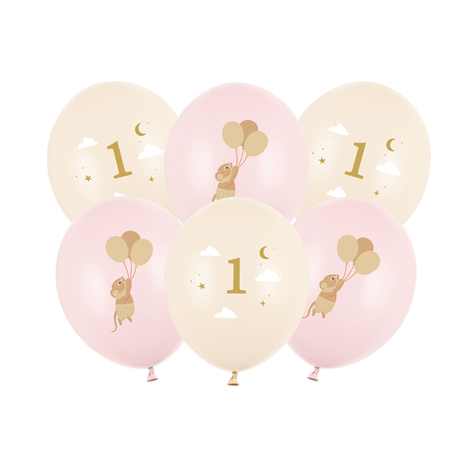 6 ballons à thème - souris avec chiffre 1 - rose tendre - 30cm