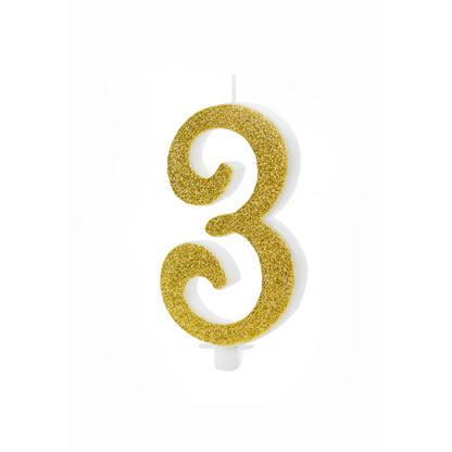 1 Bougie d'anniversaire XL - Chiffre 3 - Paillettes Dorées