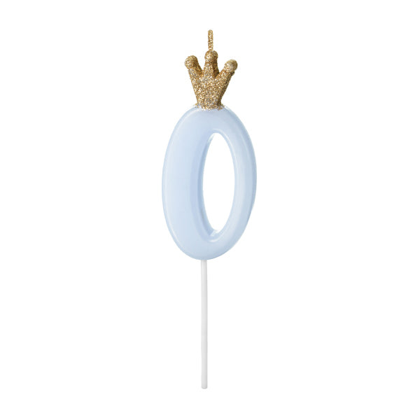 1 Bougie chiffre - 0 - Bleu clair avec couronne