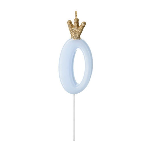 1 Bougie chiffre - 0 - Bleu clair avec couronne