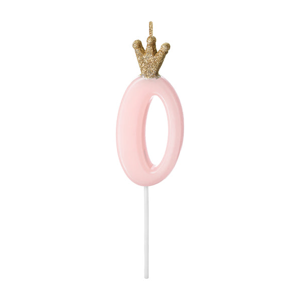 1 bougie d'anniversaire - Chiffre 0 - Rose avec couronne