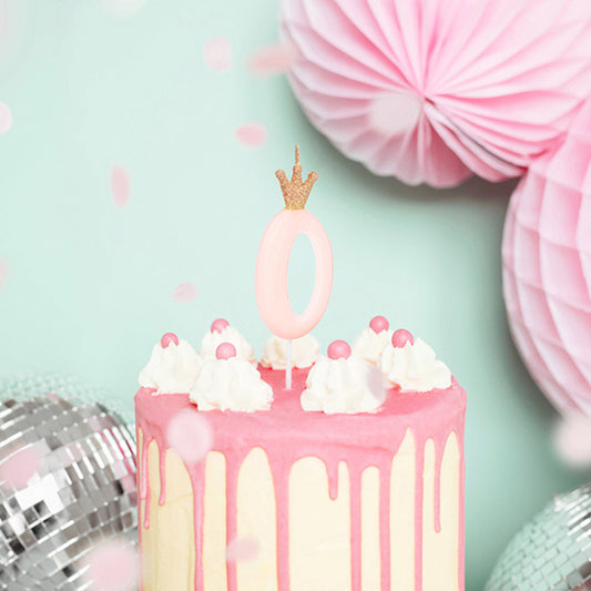 1 bougie d'anniversaire - Chiffre 0 - Rose avec couronne