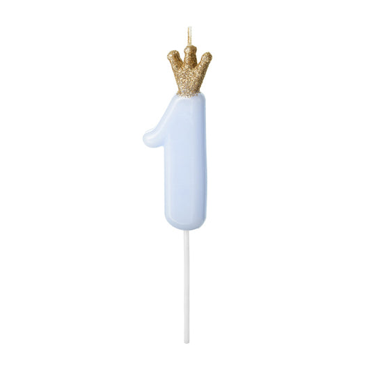 1 bougie d'anniversaire - Chiffre 1 - Bleu clair avec couronne