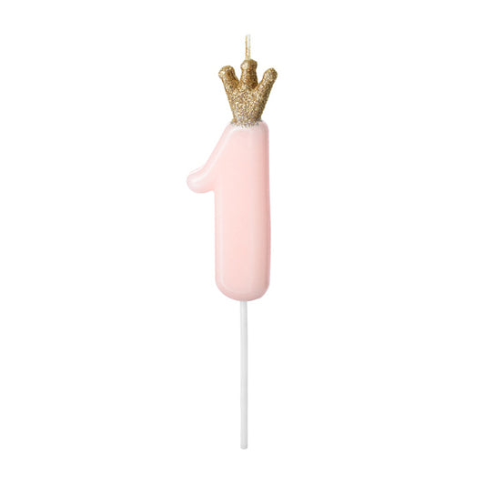 1 bougie d'anniversaire - Chiffre 1 - Rose avec couronne